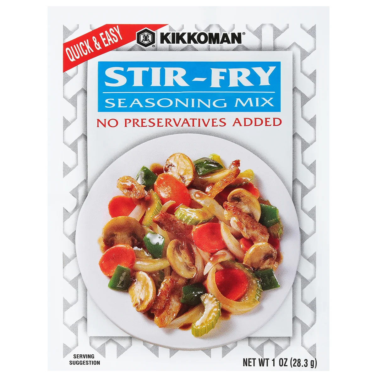 Packet of Kikkoman Stir-Fry Seasoning Mix featuring an image of stir-fried vegetables and meat, with text stating "No Preservatives Added" and "Quick & Easy.