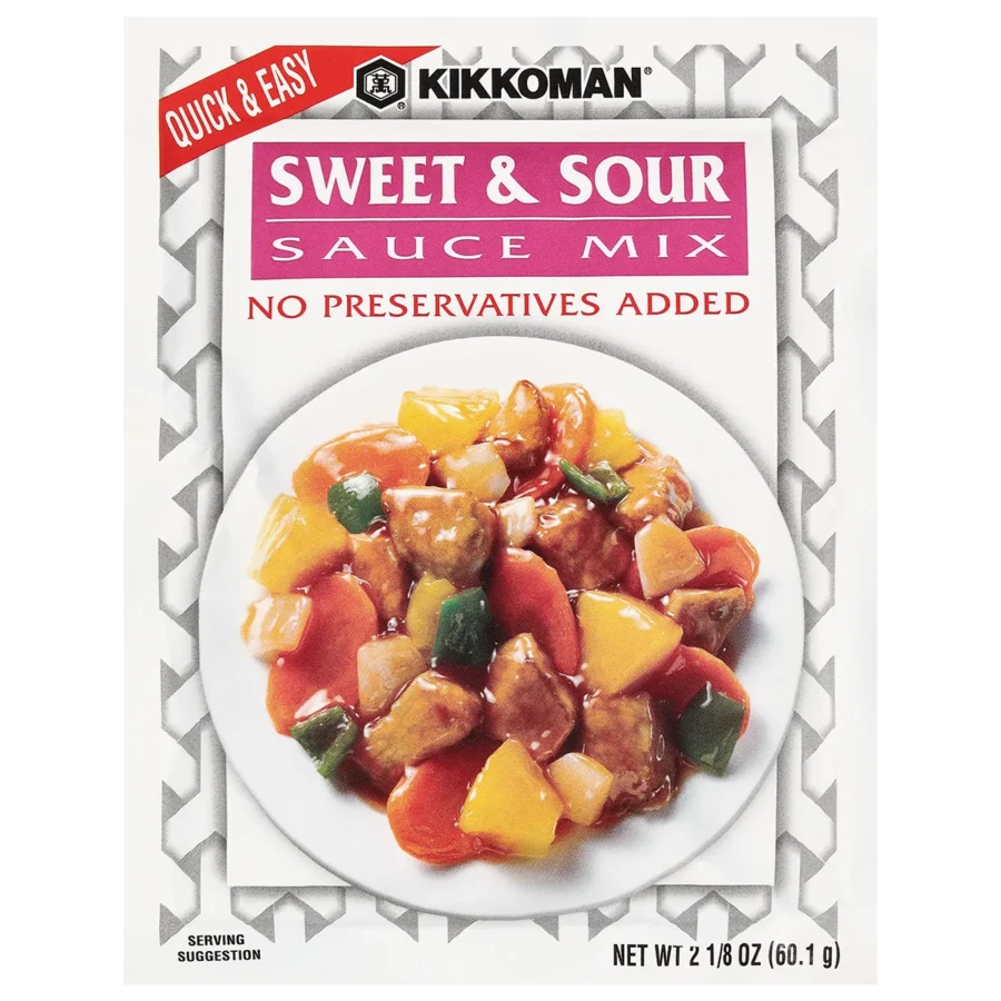 Front of a Kikkoman Sweet & Sour Sauce Mix packet, featuring an image of sweet and sour meat with vegetables and a label stating "no preservatives added.