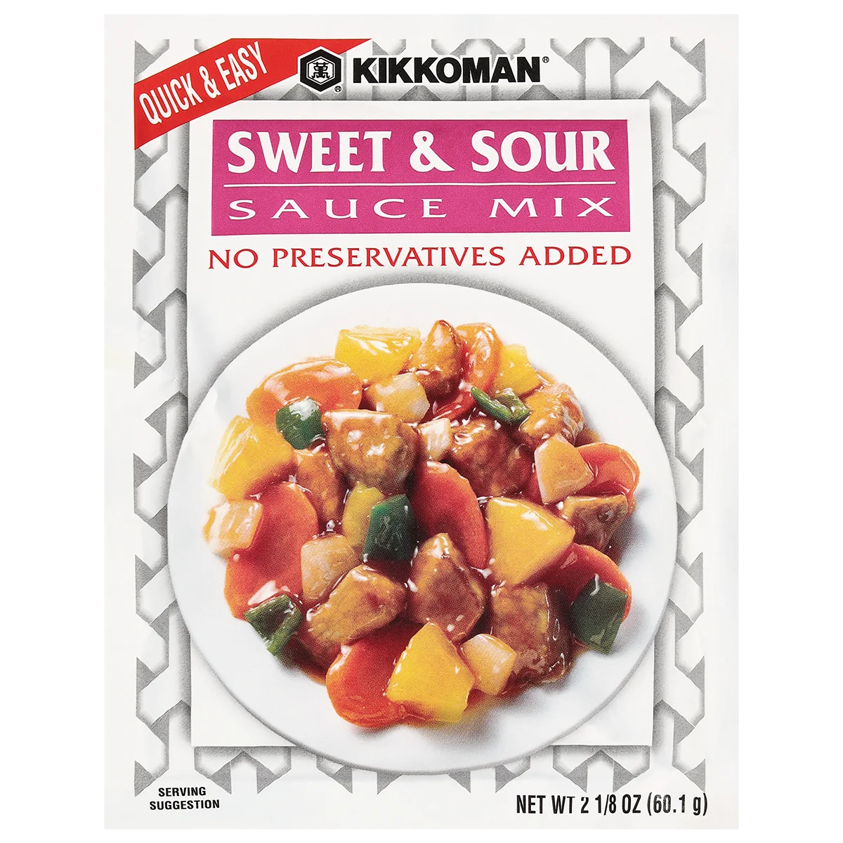 Front of a Kikkoman Sweet & Sour Sauce Mix packet, featuring an image of sweet and sour meat with vegetables and a label stating "no preservatives added.