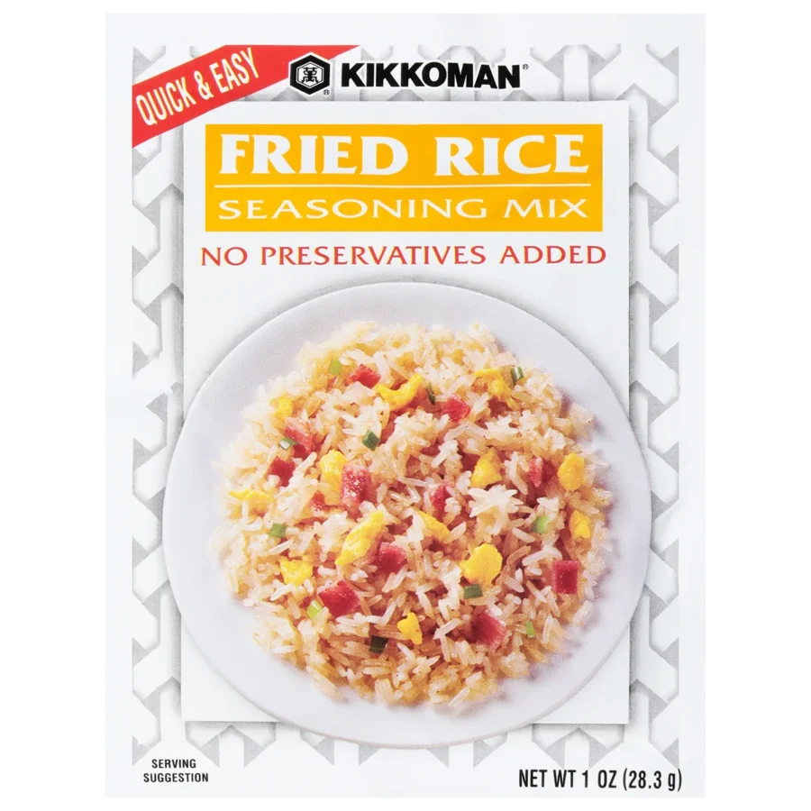 Package of Kikkoman Fried Rice Seasoning Mix featuring an image of fried rice on a plate, labeled "No Preservatives Added" and "Quick & Easy." Net weight is 1 oz (28.3 g).