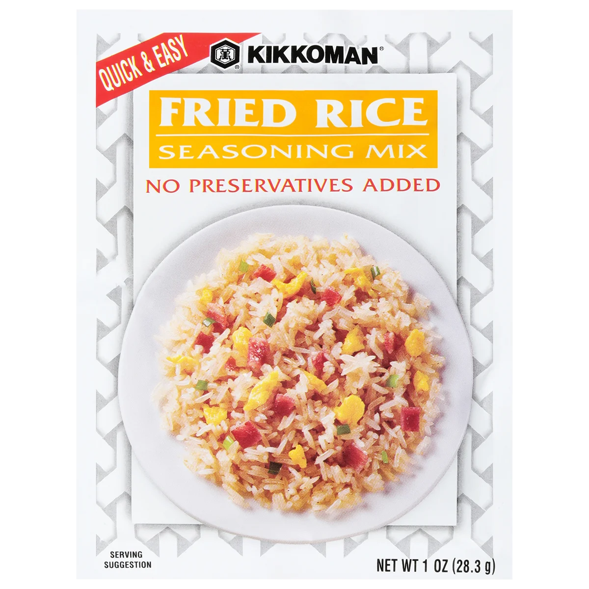 Package of Kikkoman Fried Rice Seasoning Mix featuring an image of fried rice on a plate, labeled "No Preservatives Added" and "Quick & Easy." Net weight is 1 oz (28.3 g).