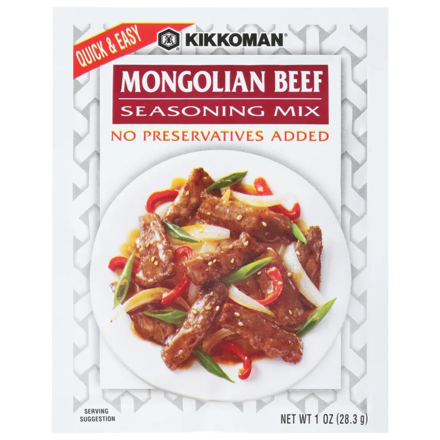 Front of a Kikkoman Mongolian Beef Seasoning Mix packet showing a plate of beef with onions and peppers; text notes "No Preservatives Added" and "Quick & Easy." Net weight 1 oz (28.3 g).