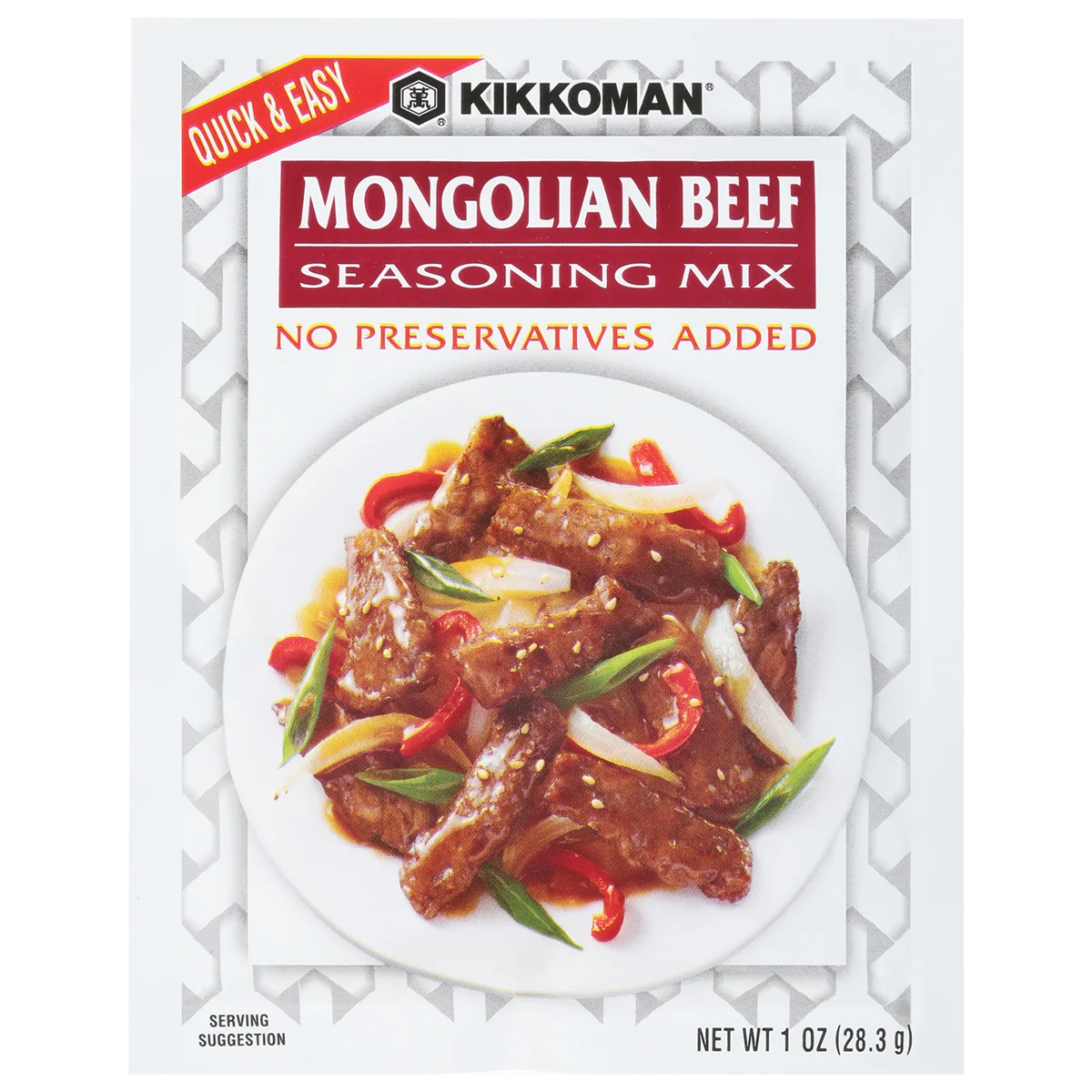 Front of a Kikkoman Mongolian Beef Seasoning Mix packet showing a plate of beef with onions and peppers; text notes "No Preservatives Added" and "Quick & Easy." Net weight 1 oz (28.3 g).