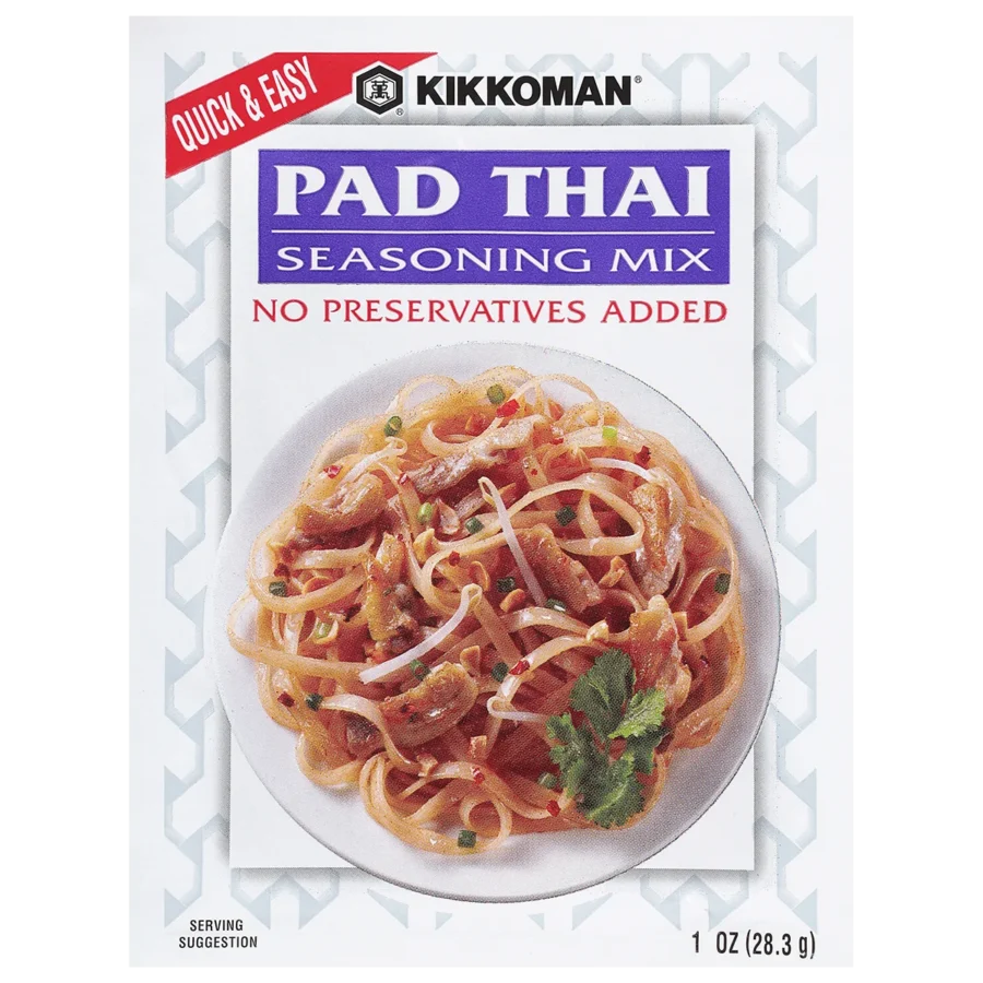 Front of a Kikkoman Pad Thai Seasoning Mix packet, featuring an image of Pad Thai noodles and text highlighting "Quick & Easy" and "No Preservatives Added.