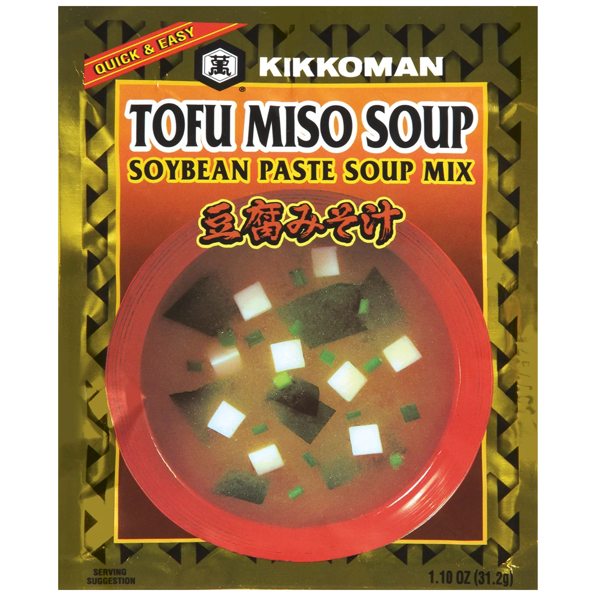 A package of Kikkoman Tofu Miso Soup Soybean Paste Soup Mix with an image of miso soup containing tofu cubes and seaweed on the front.