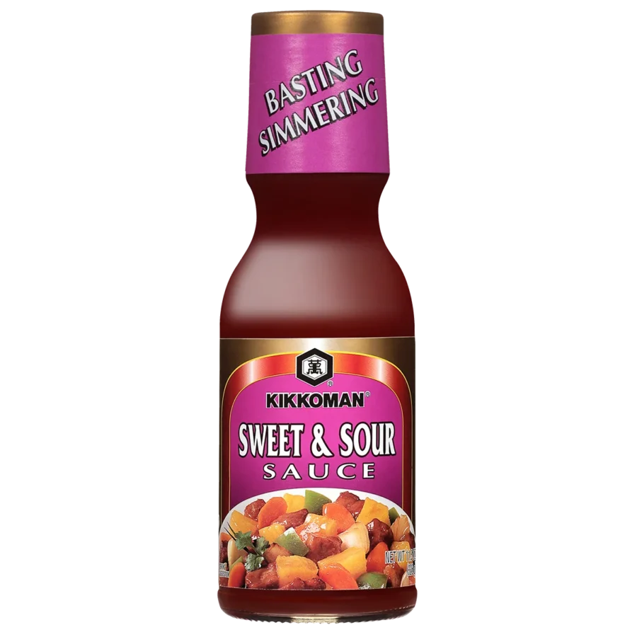 A bottle of Kikkoman Sweet & Sour Sauce with a purple label, featuring an image of sweet and sour dish ingredients on the front.