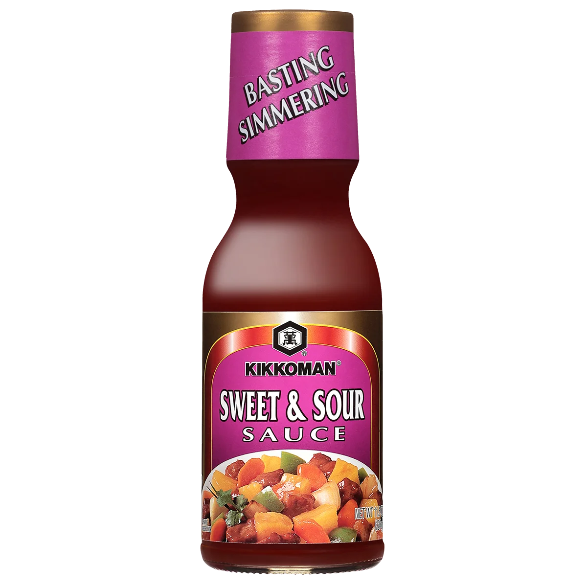 A bottle of Kikkoman Sweet & Sour Sauce with a purple label, featuring an image of sweet and sour dish ingredients on the front.