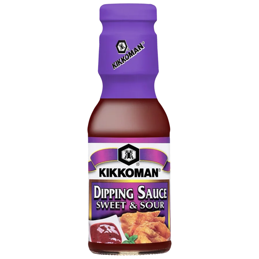 A bottle of Kikkoman Dipping Sauce Sweet & Sour with a purple label and cap, featuring images of dipping sauce and fried food on the front.