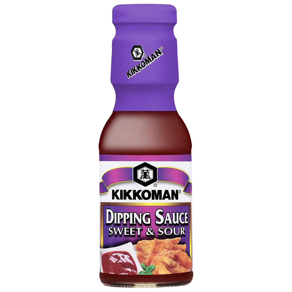 A bottle of Kikkoman Dipping Sauce Sweet & Sour with a purple label and cap, featuring images of dipping sauce and fried food on the front.