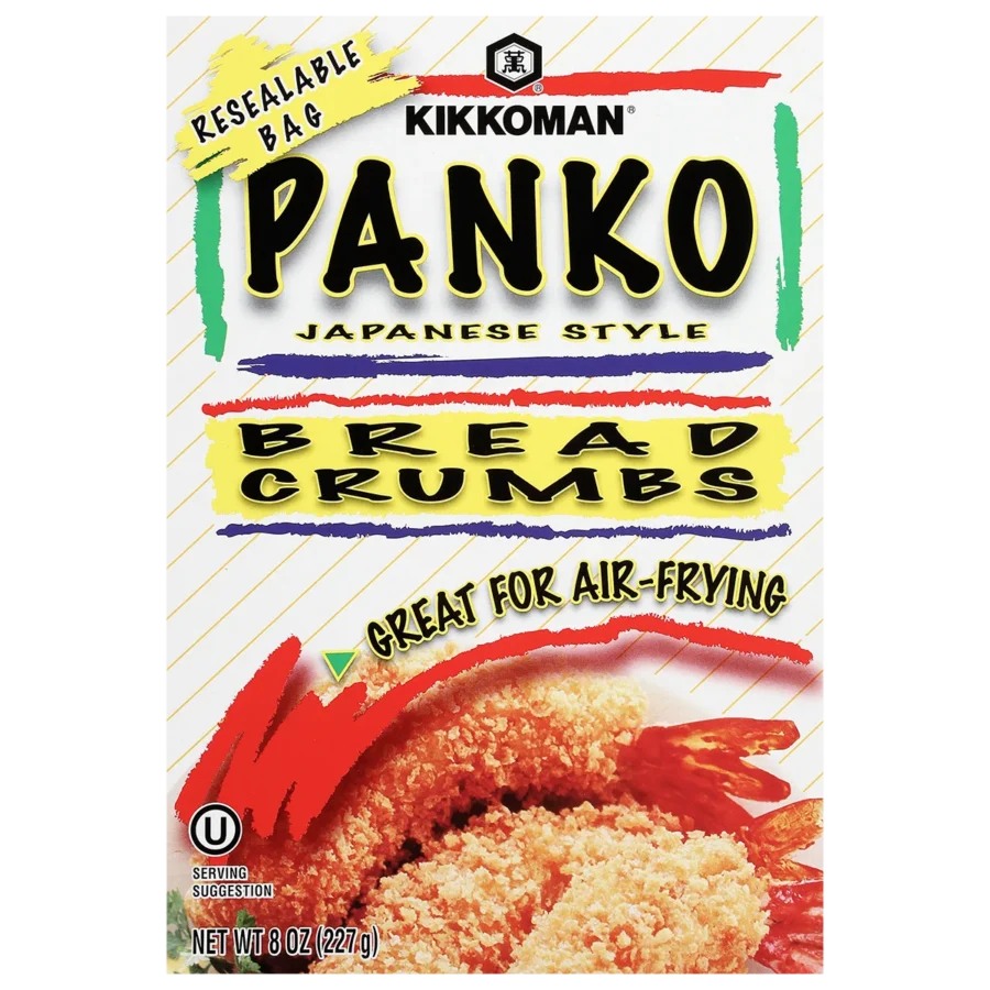 Front of Kikkoman Panko Japanese Style Bread Crumbs box showing product name, shrimp image, and text highlighting air-frying and resealable bag features. Net weight 8 oz (227 g).