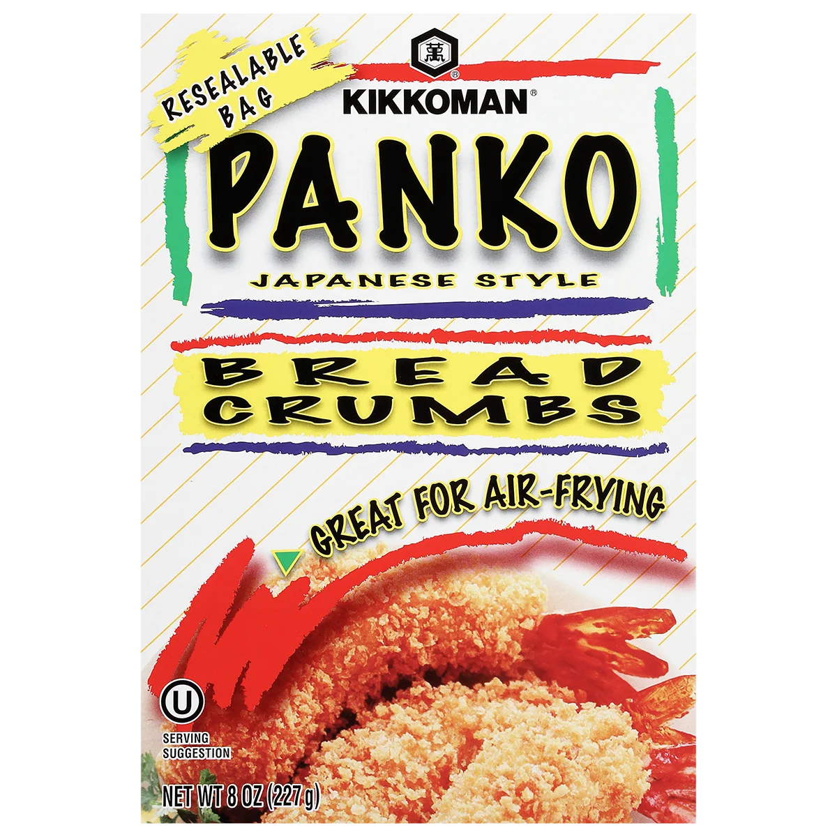 Front of Kikkoman Panko Japanese Style Bread Crumbs box showing product name, shrimp image, and text highlighting air-frying and resealable bag features. Net weight 8 oz (227 g).