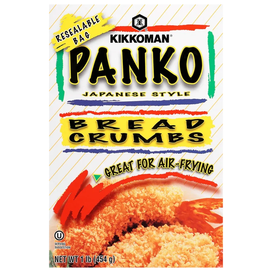 Front of a Kikkoman Panko Japanese Style Bread Crumbs box, featuring images of fried food and text highlighting it's great for air-frying.