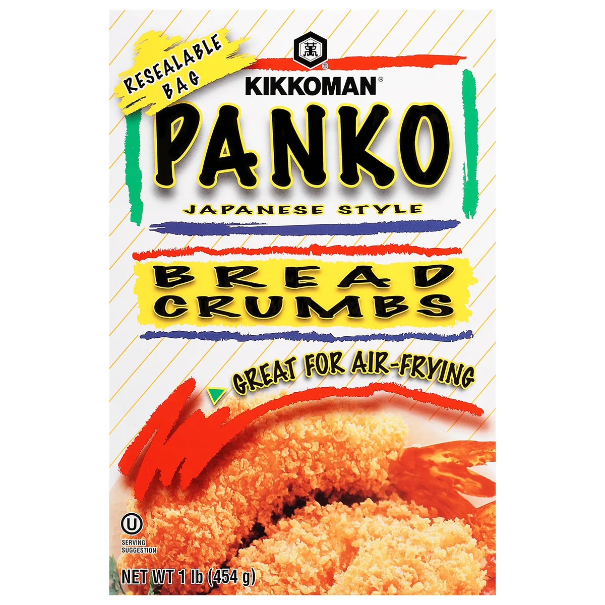 Front of a Kikkoman Panko Japanese Style Bread Crumbs box, featuring images of fried food and text highlighting it's great for air-frying.