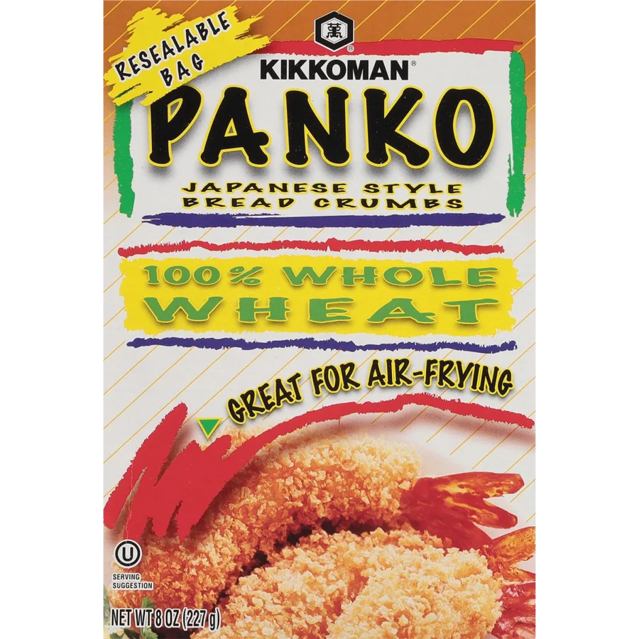 Front of a Kikkoman Panko 100% Whole Wheat Japanese Style Bread Crumbs box, highlighting its resealable bag and suitability for air-frying.