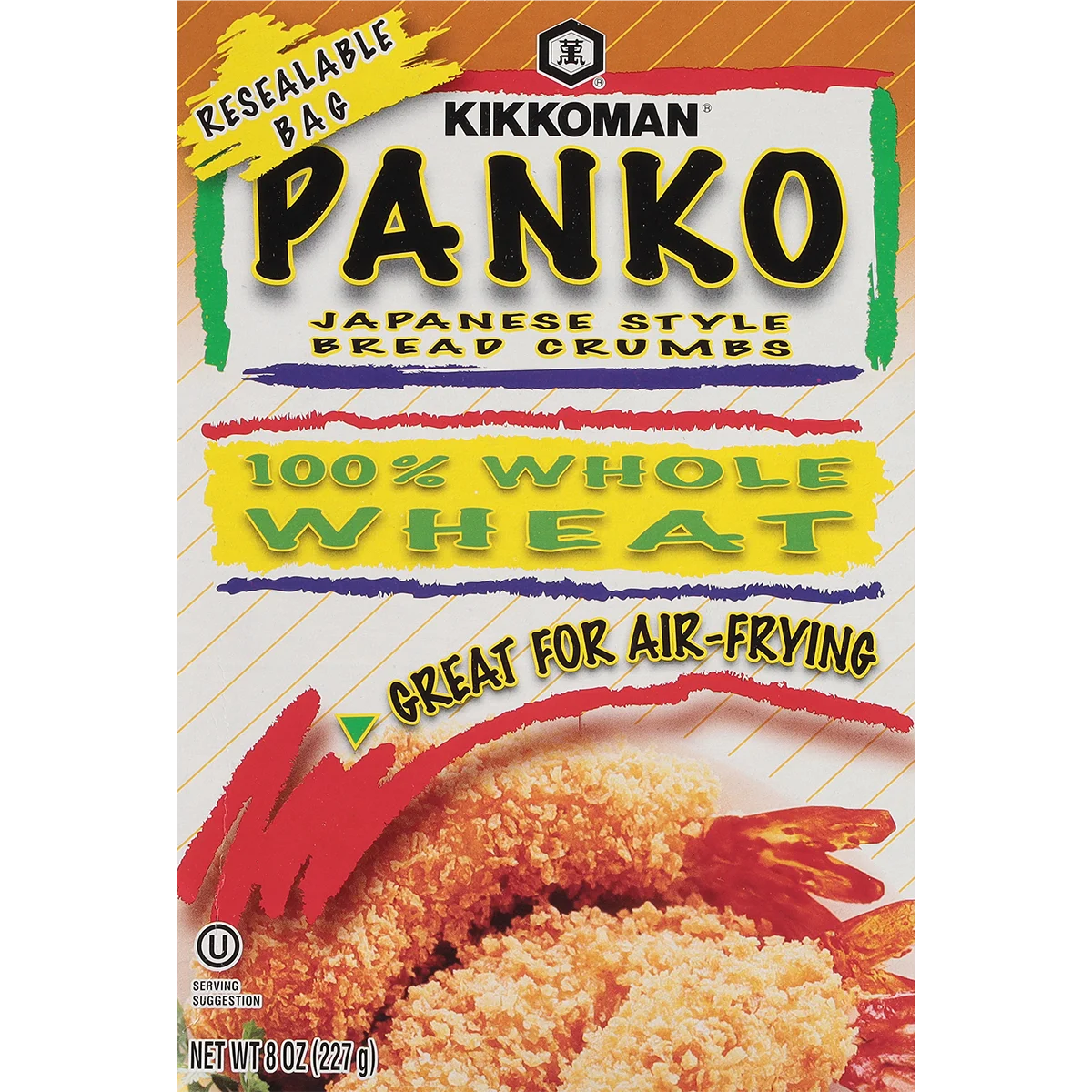 Front of a Kikkoman Panko 100% Whole Wheat Japanese Style Bread Crumbs box, highlighting its resealable bag and suitability for air-frying.