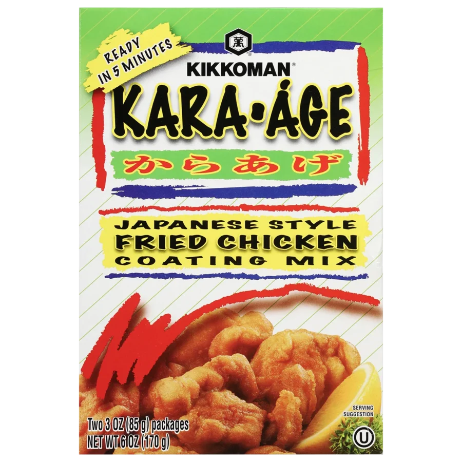 Box of Kikkoman Kara-Age Japanese style fried chicken coating mix, featuring fried chicken pieces on the front and text highlighting a five-minute preparation time.
