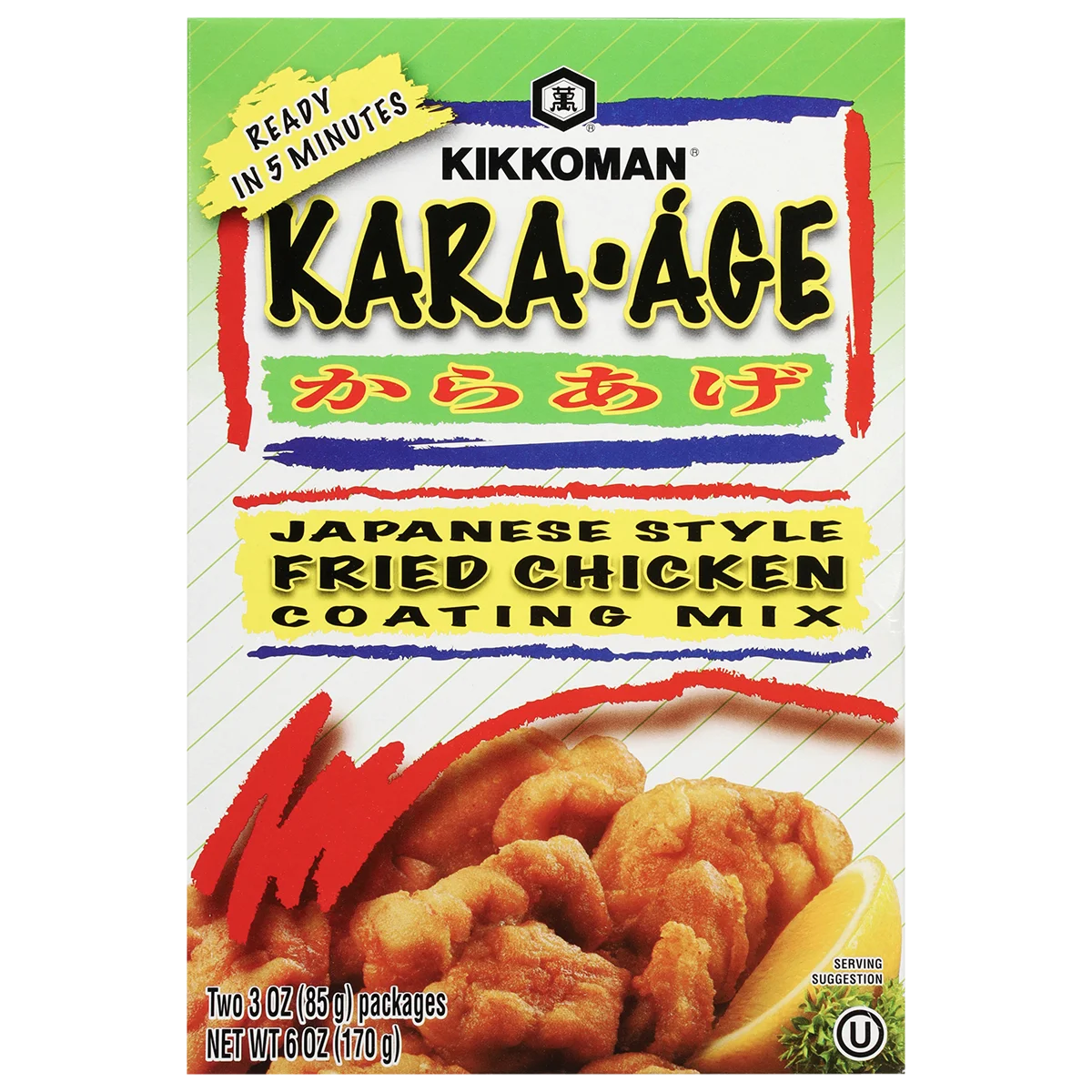 Box of Kikkoman Kara-Age Japanese style fried chicken coating mix, featuring fried chicken pieces on the front and text highlighting a five-minute preparation time.