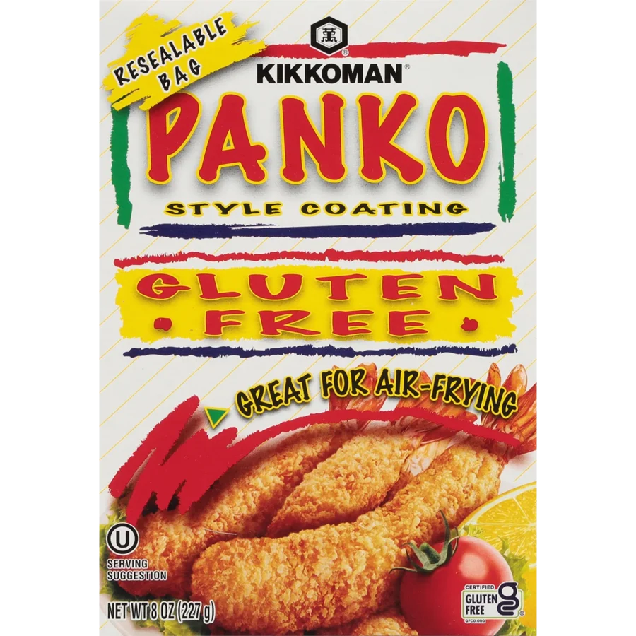 Kikkoman Panko Gluten Free Style Coating package, featuring text about air-frying and an image of breaded fried food with dipping sauce.