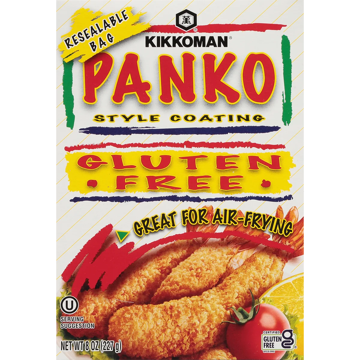 Kikkoman Panko Gluten Free Style Coating package, featuring text about air-frying and an image of breaded fried food with dipping sauce.