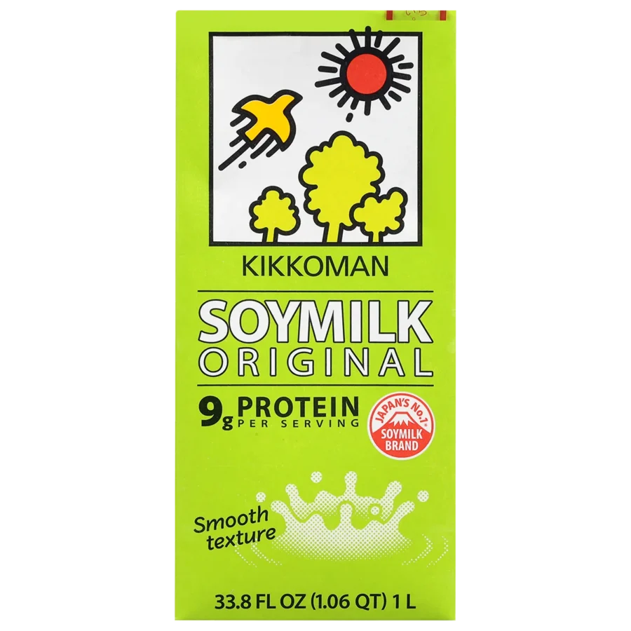 Front of a Kikkoman Soymilk Original carton, featuring product name, 9g protein per serving, smooth texture, and 1-liter volume on a green background with graphic illustrations.