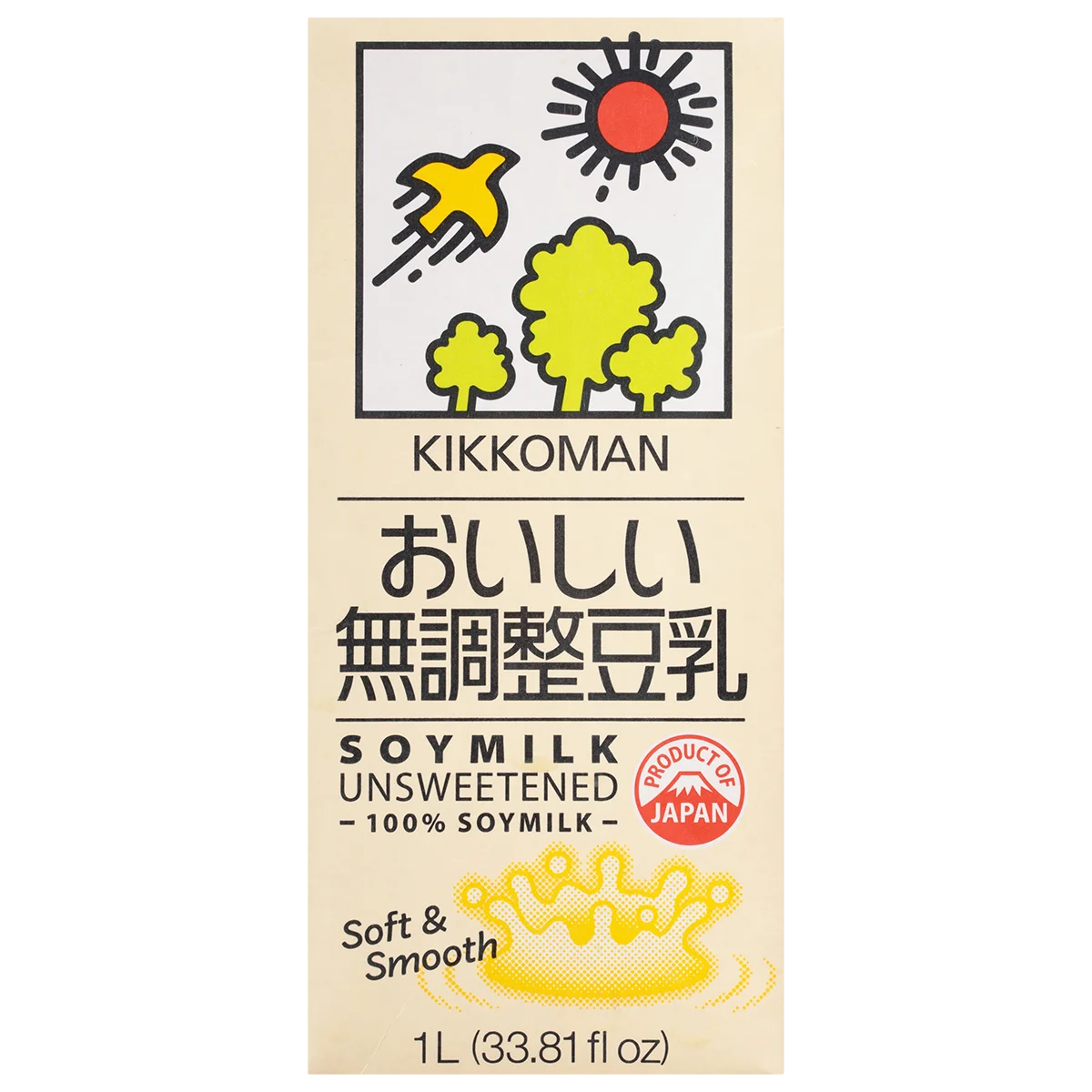 Carton of Kikkoman unsweetened soy milk, 1L, featuring a sun, tree, and bird illustration, with Japanese and English text and a red "Product of Japan" label.
