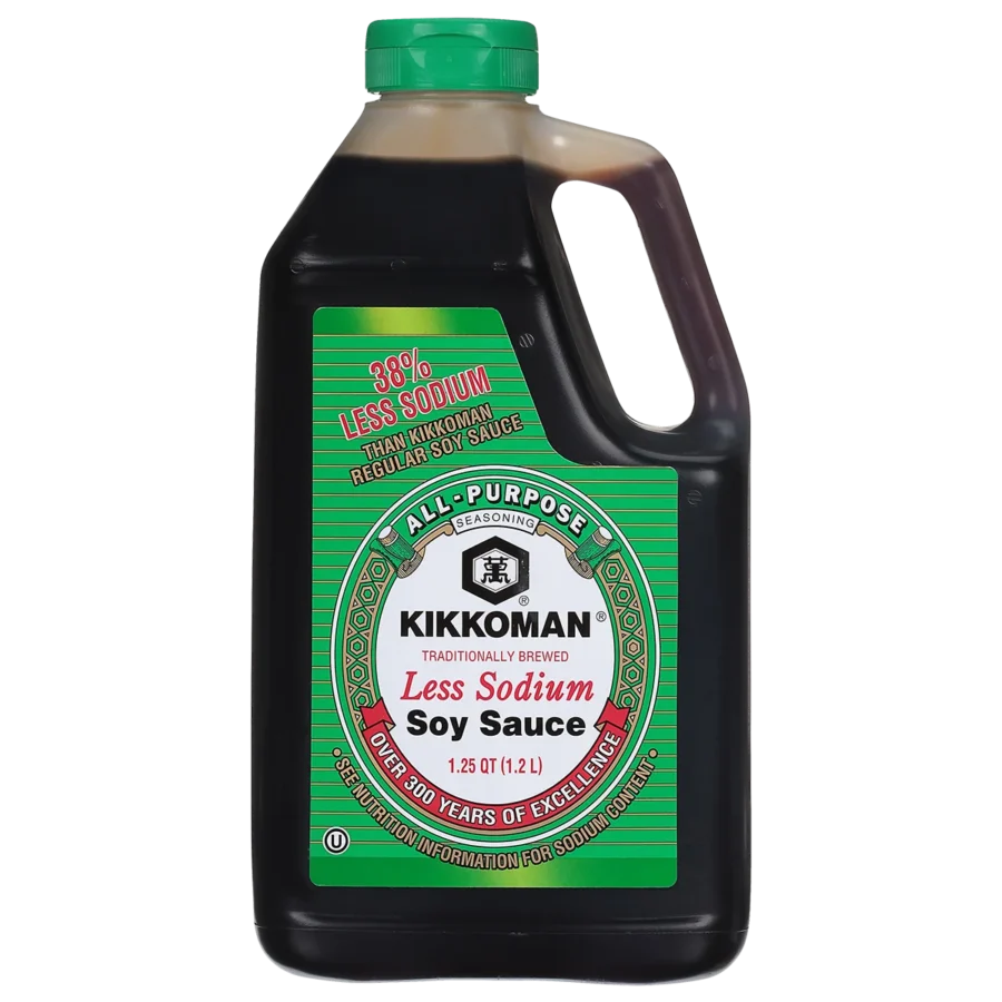 A 1.25-liter plastic bottle of Kikkoman Less Sodium Soy Sauce with a green cap and green label highlighting 38% less sodium than regular soy sauce.