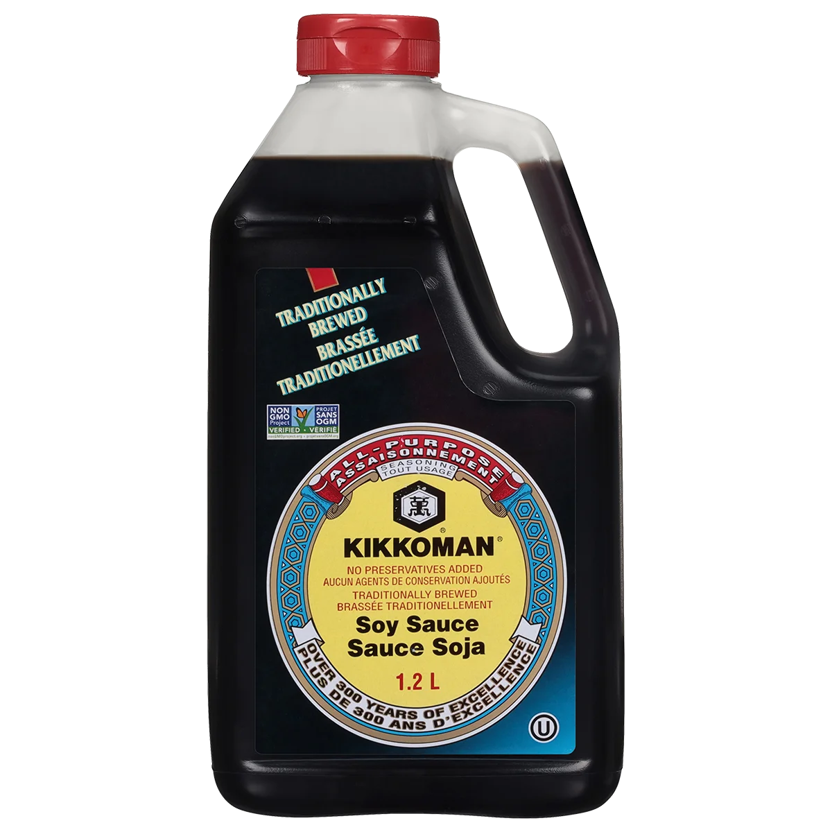 A 1.2-liter bottle of Kikkoman Soy Sauce with a handle, featuring a label in English and French stating it is traditionally brewed with no preservatives added.