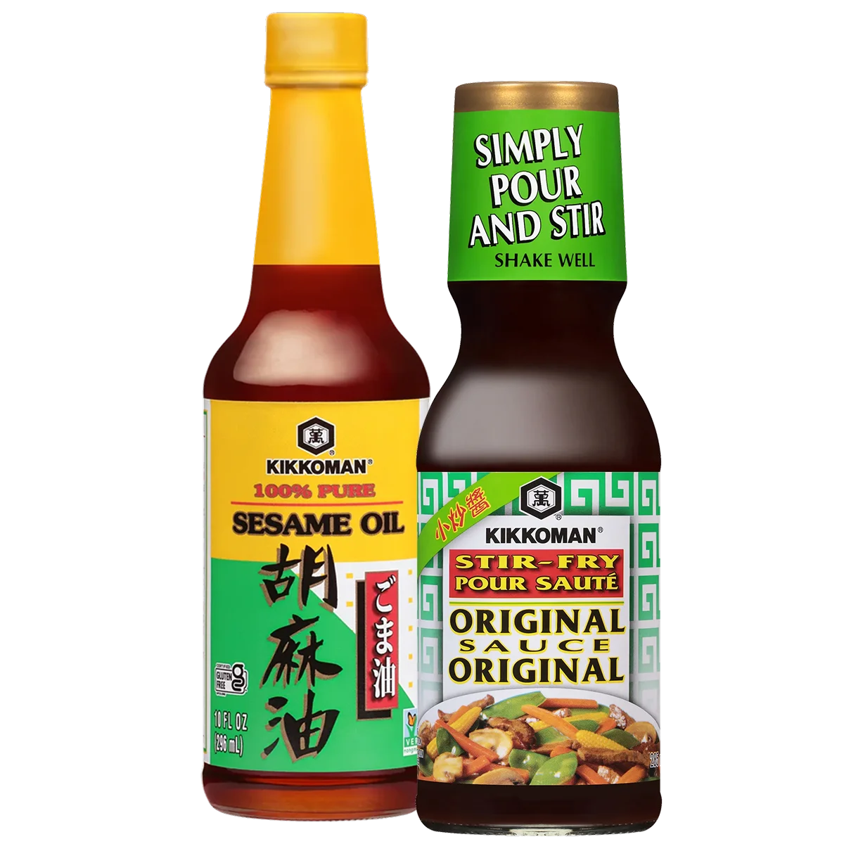 Two bottles: Kikkoman 100% Pure Sesame Oil on the left and Kikkoman Stir-Fry Original Sauce on the right, both standing upright against a white background.
