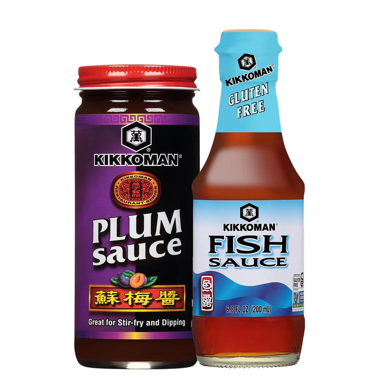 Two bottles of Kikkoman sauces: Plum Sauce in a glass jar with a red lid and Fish Sauce in a tall glass bottle labeled gluten free.