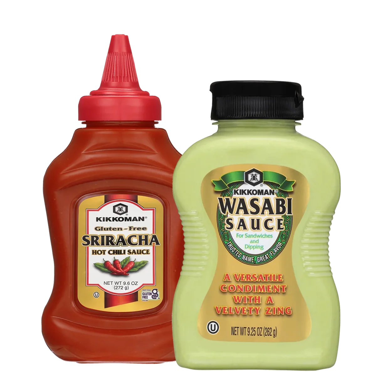 Two bottles of Kikkoman sauces: one is gluten-free Sriracha hot chili sauce, the other is wasabi sauce, both standing upright and facing forward.