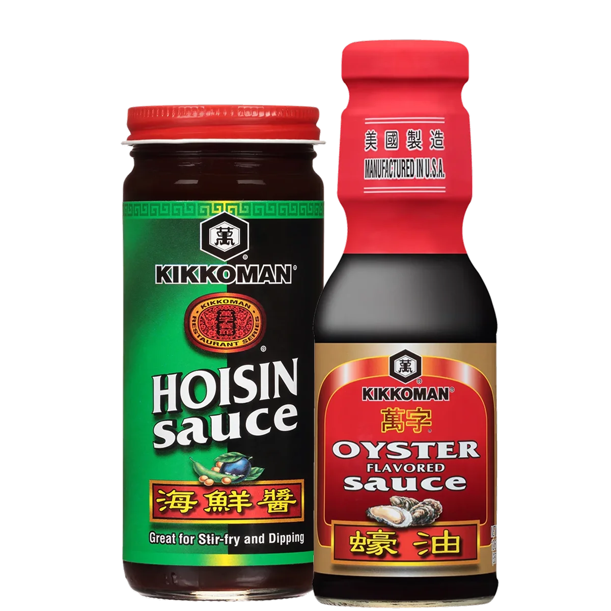 Two bottles of Kikkoman sauces: one labeled Hoisin Sauce and the other Oyster Flavored Sauce, both with bilingual English and Chinese text on their labels.