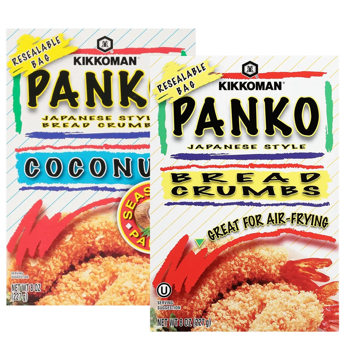Two packages of Kikkoman Japanese style panko bread crumbs, one coconut flavored and one original, both 8 oz resealable bags, shown with breaded food on the front.