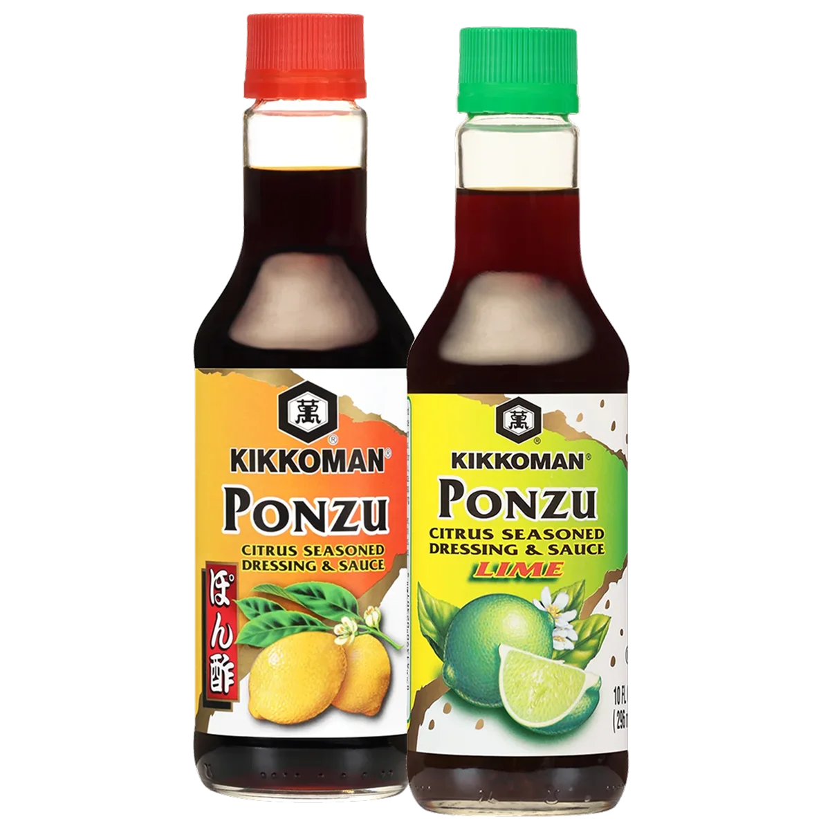 Two bottles of Kikkoman Ponzu sauce: one original citrus flavor with a red cap and lemon image, and one lime flavor with a green cap and lime image, both labeled as dressing and sauce.
