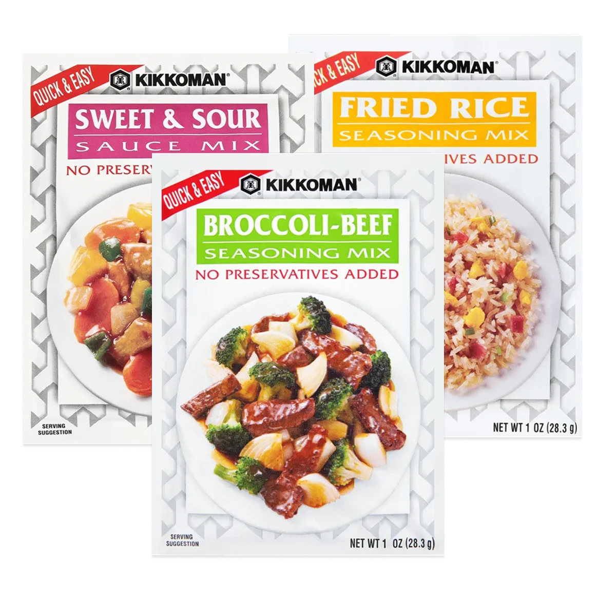 Three Kikkoman seasoning mix packets are shown: Sweet & Sour, Broccoli-Beef, and Fried Rice, each labeled “No Preservatives Added” and “Quick & Easy.”.