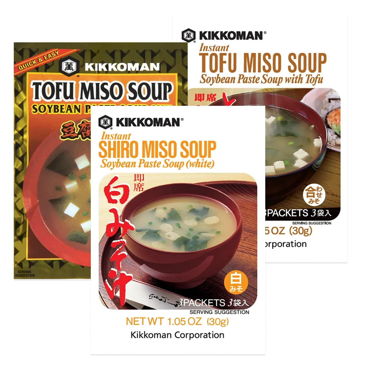 Three packets of Kikkoman instant miso soup are displayed: tofu miso soup, tofu miso soup with tofu, and shiro (white) miso soup.