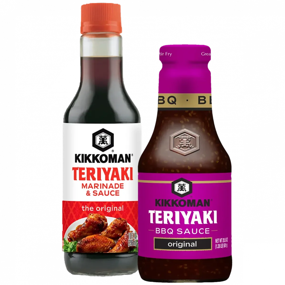 Two bottles of Kikkoman teriyaki sauce are shown: one labeled "Teriyaki Marinade & Sauce" and the other "Takumi Teriyaki Sauce/Original.