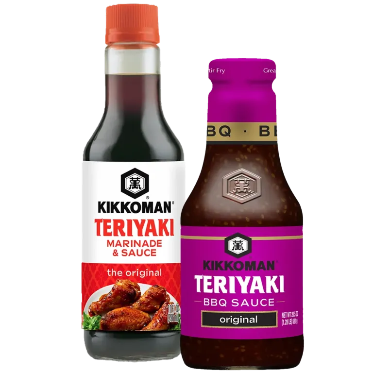 Two bottles of Kikkoman teriyaki sauce are shown: one labeled "Teriyaki Marinade & Sauce" and the other "Takumi Teriyaki Sauce/Original.
