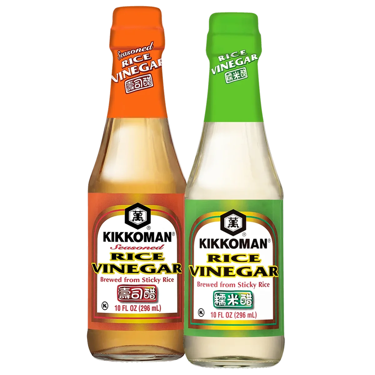 Two bottles of Kikkoman rice vinegar, one seasoned with an orange label and one unseasoned with a green label, both 10 fl oz.