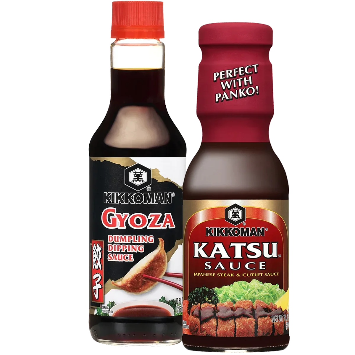 Two bottles of Kikkoman sauce: one Gyoza Dumpling Dipping Sauce and one Katsu Japanese Steak & Cutlet Sauce, both with red caps.
