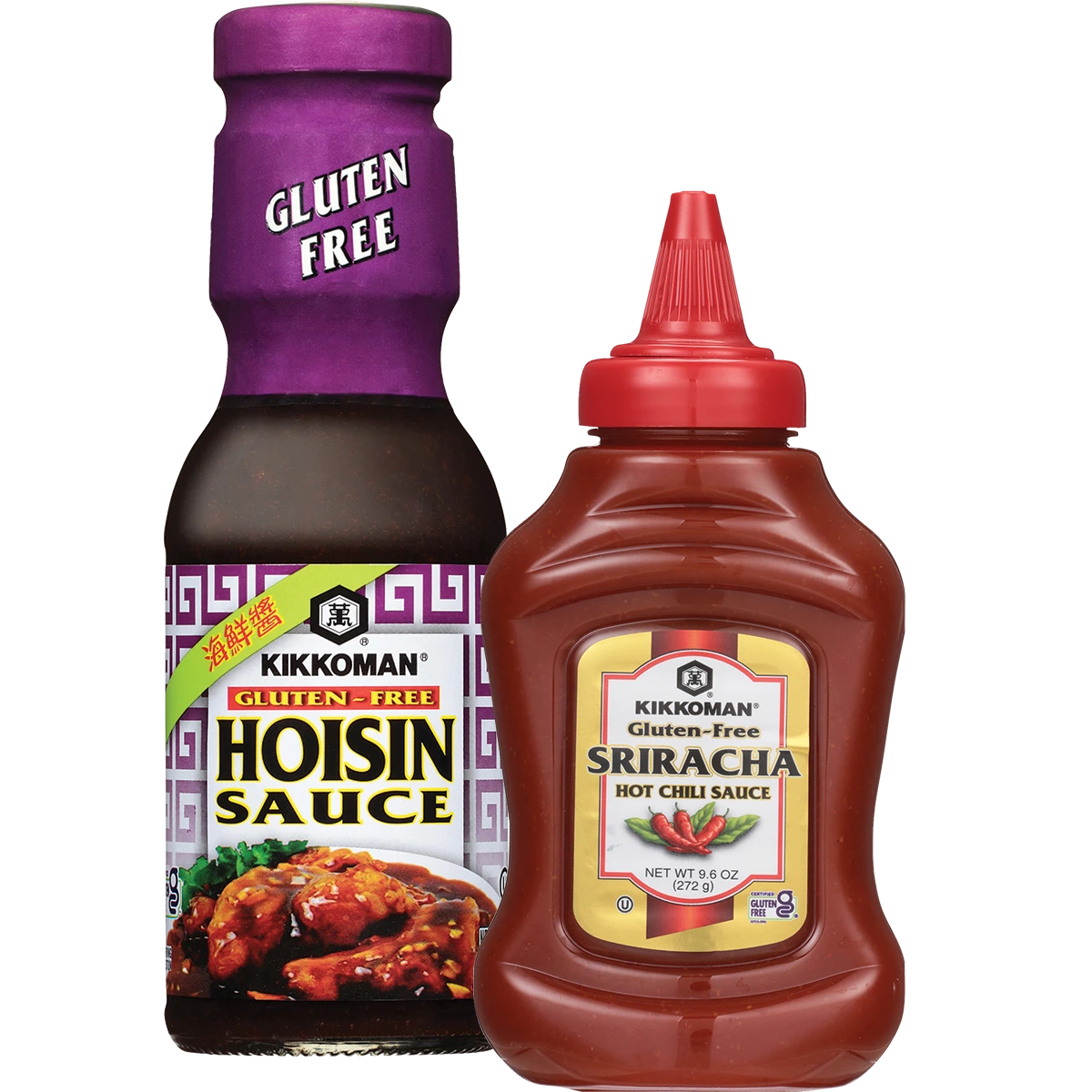 Two bottles of Kikkoman gluten-free sauces: Hoisin Sauce in a glass bottle with a purple cap and Sriracha Hot Chili Sauce in a plastic squeeze bottle with a red cap.