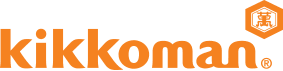 The orange Kikkoman logo features the brand name in lowercase letters and a hexagonal emblem with a Japanese character inside, all on a light background.