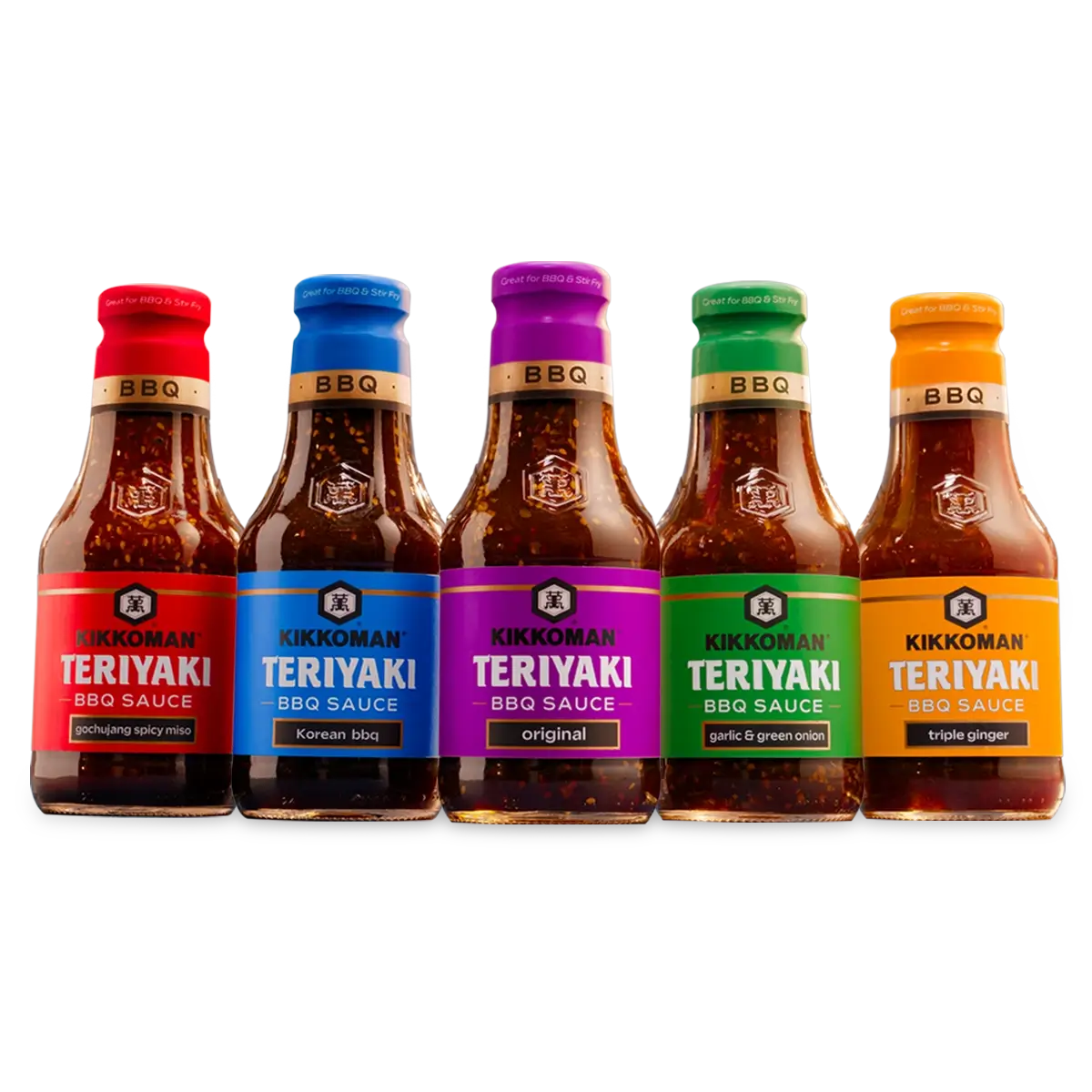 Five bottles of Kikkoman Teriyaki BBQ Sauce in different flavors: gochujang spicy miso, Korean BBQ, original, garlic & green onion, and triple ginger.