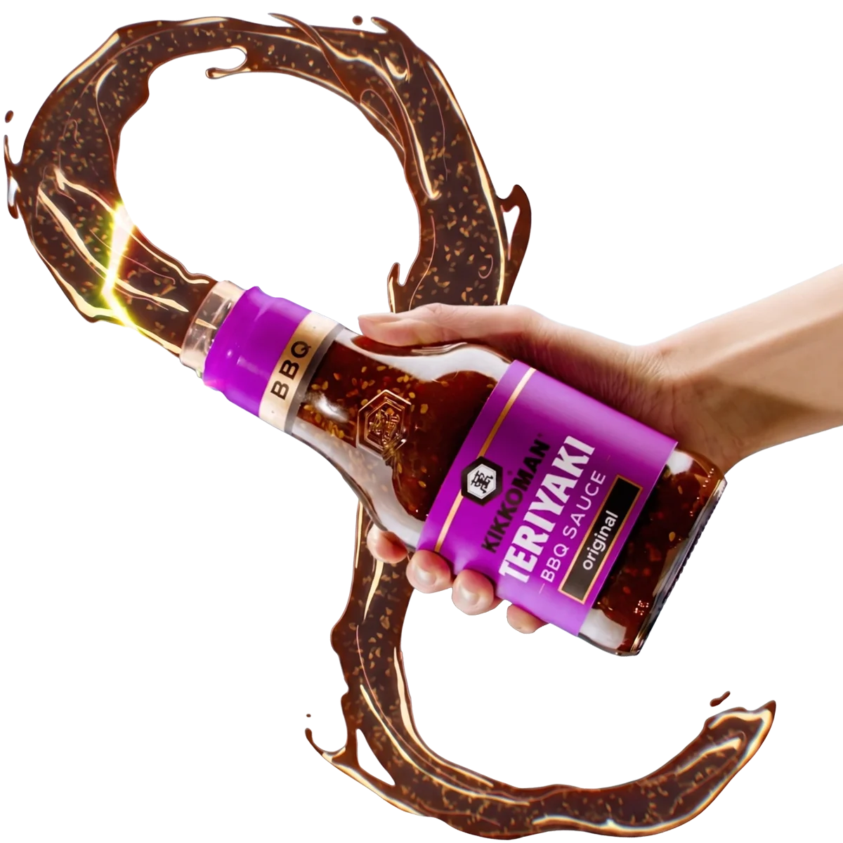 A hand pours teriyaki BBQ sauce from a bottle, creating a swirl of sauce shaped like the number 8.
