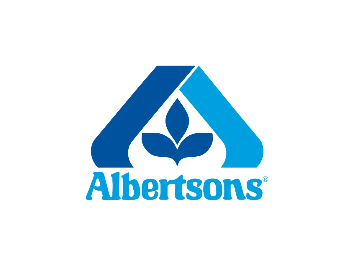 Albertsons logo featuring a stylized blue "A" shape with a leaf design in the center above the word "Albertsons" in blue text.