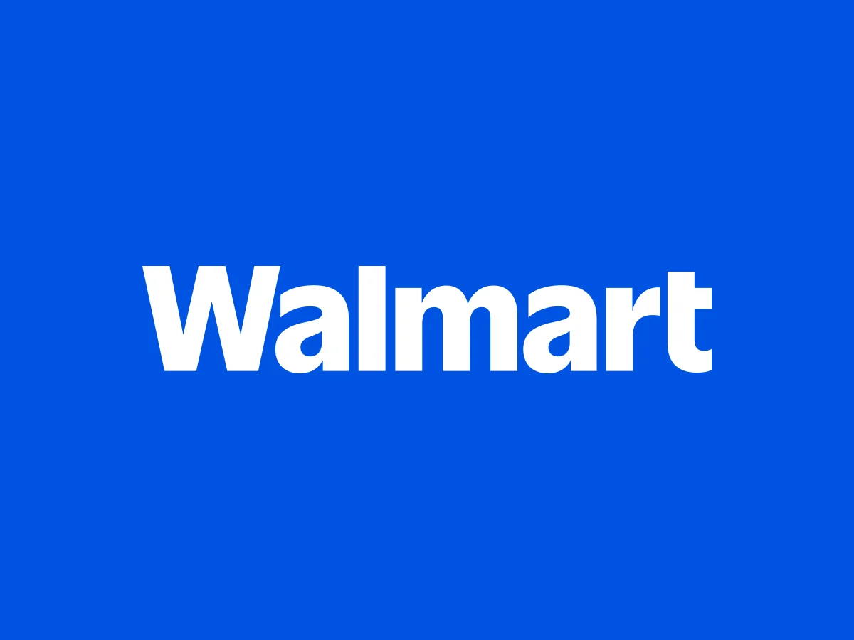 The image shows the Walmart logo with the word "Walmart" in bold white letters on a solid blue background.