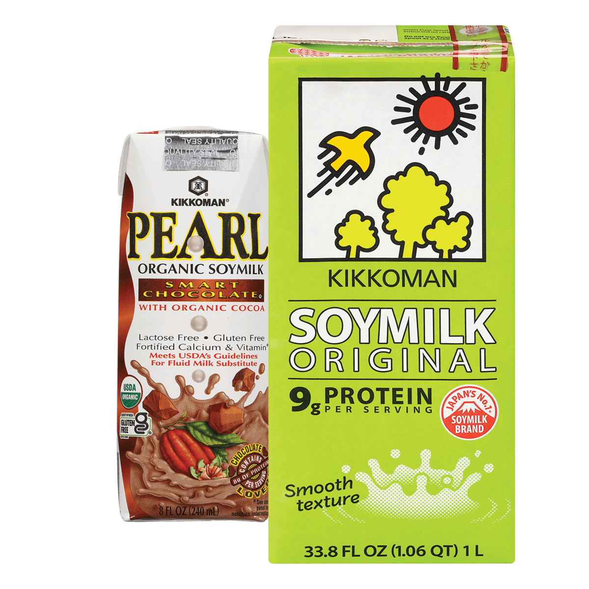 A carton of Kikkoman Original Soymilk and a carton of Kikkoman Pearl Organic Soymilk Chocolate are displayed side by side against a white background.