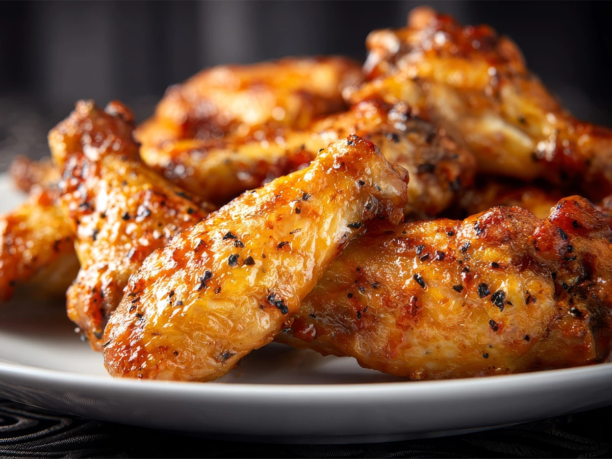 A plate of grilled chicken wings with a golden, crispy, and seasoned exterior.