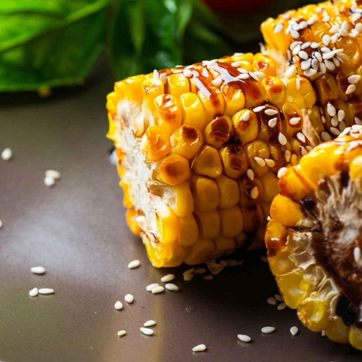 Grilled corn on the cob cut into pieces, topped with a dark sauce and sprinkled with white sesame seeds on a dark plate.