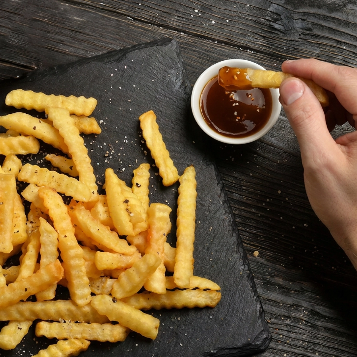 Crinkle-cut French fries on a black slate with a hand dipping a fry into a small bowl of brown sauce.