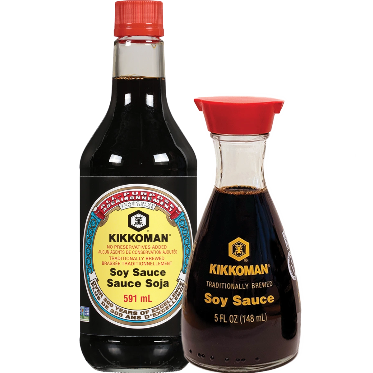 Two bottles of Kikkoman soy sauce: a 591 mL plastic bottle with a red cap and label, and a 148 mL glass dispenser with a red pour spout and yellow label.